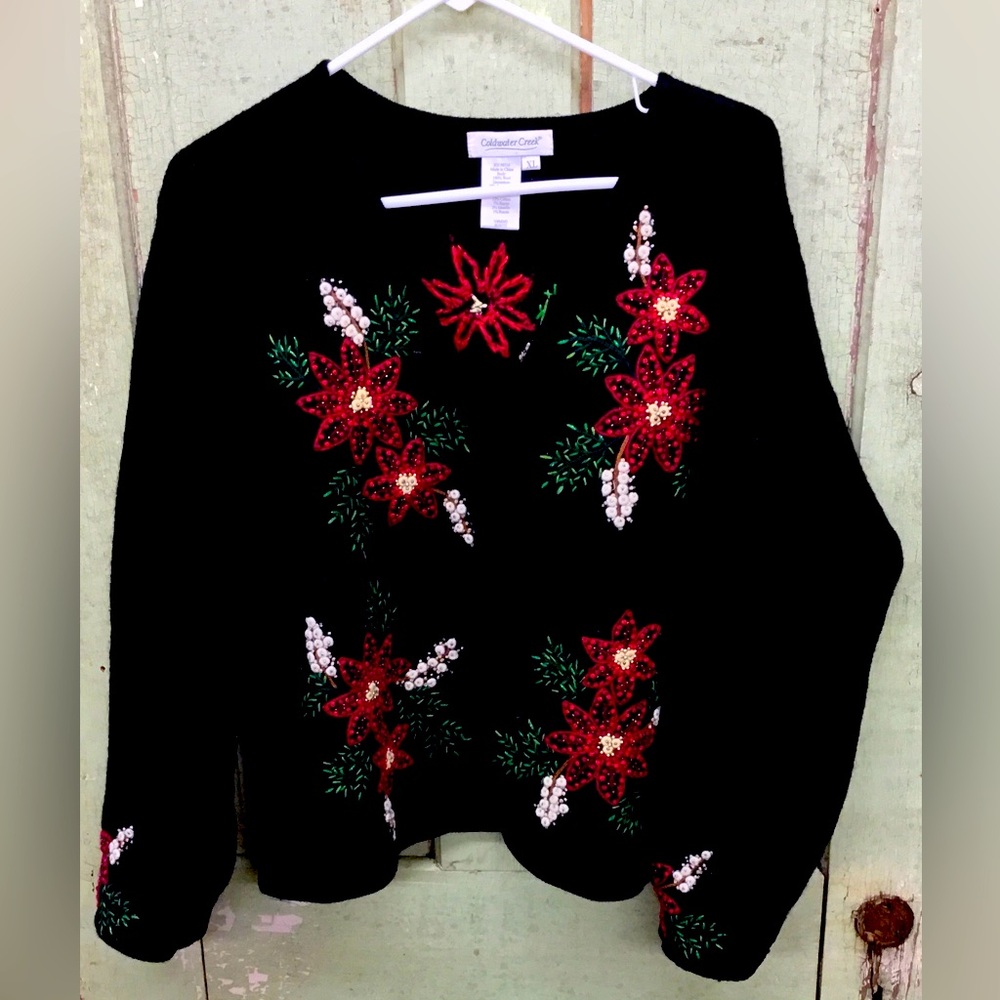 Coldwater Creek boiled wool cardigan. Embroidered poinsettia design.